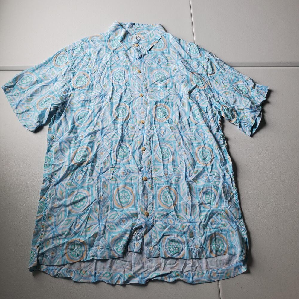 Kenny Flowers Shirt Mens Large Blue Geometric Rayon Hawaiian Button Up Tropical
